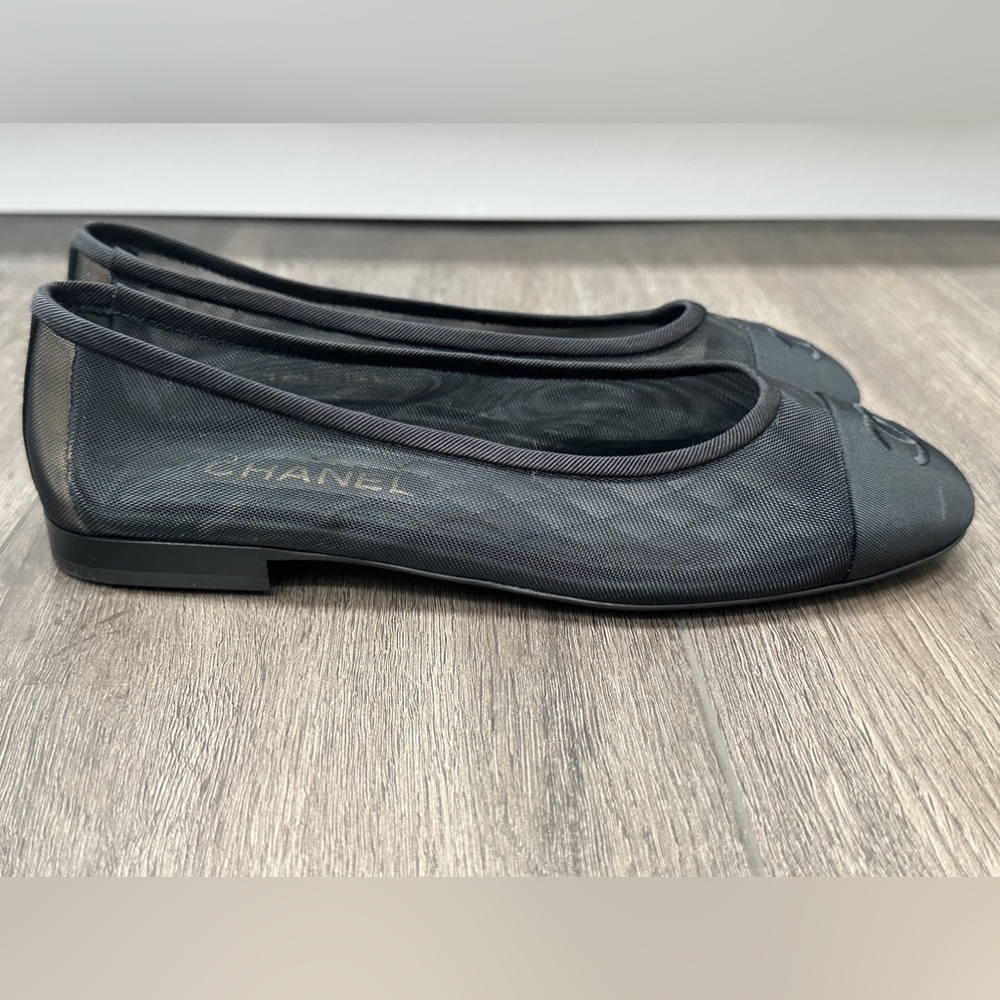 2025 CHANEL BLACK MESH BALLET FLATS BALLERINA SHOES 37 NEW - Picture 12 of 16